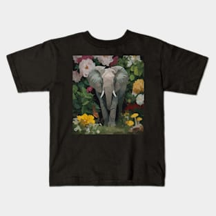 watercolor flowers surrounding a wild elephant Kids T-Shirt